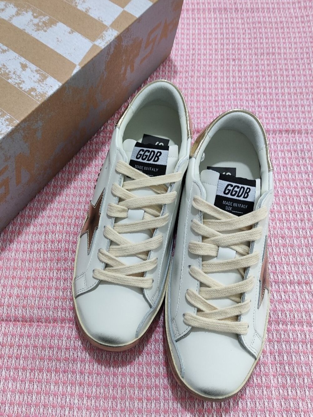 Golden Goose Distressed Metallic Gold Trim Super-Star Sneakers